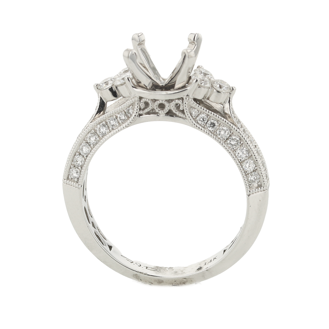The Dawn Engagement Ring Setting 0.50cttw RBS Tri Stone 14KWG Milgrain White Gold